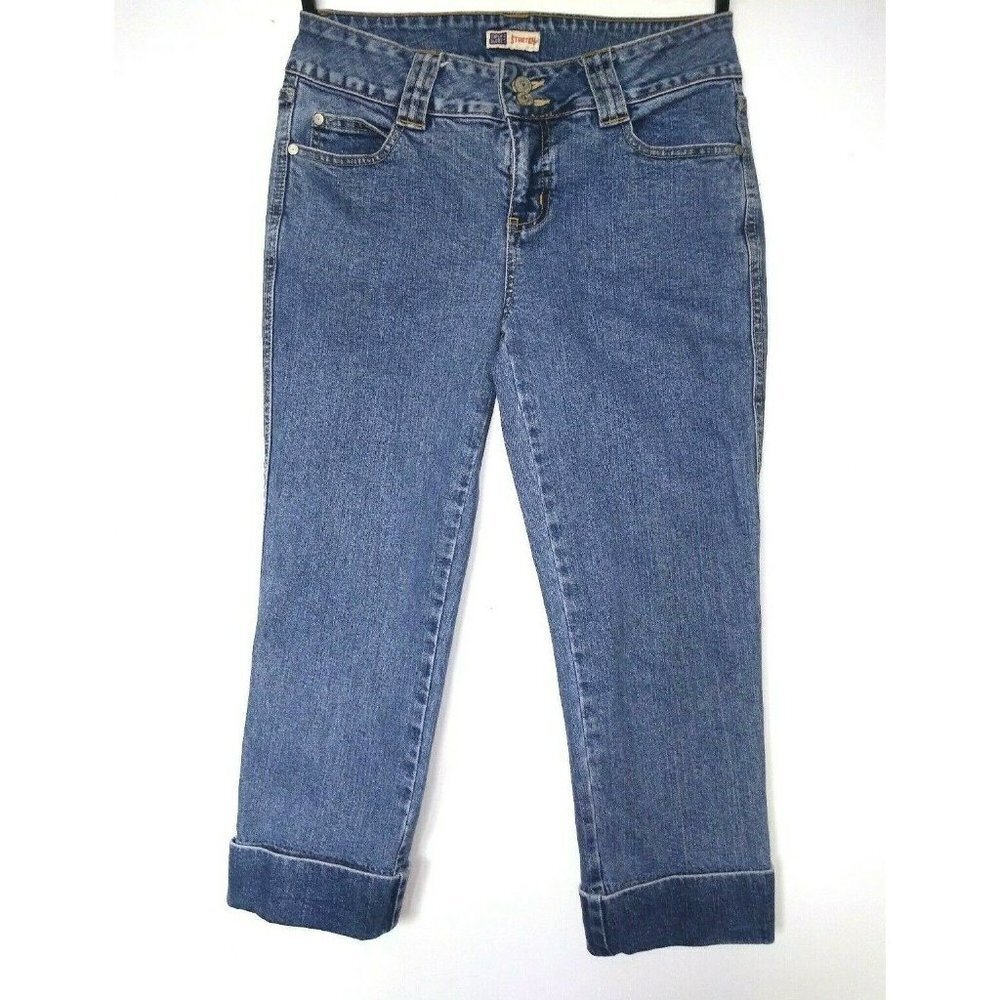 FADED GLORY STRETCH Cropped Jeans Sz 8 Stone Blue medium wash cuffed 30x22.5 EUC